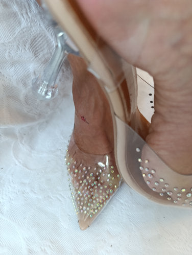 Getragene offene High Heels Damensandale Größe 38 transparent Absatz 9 cm