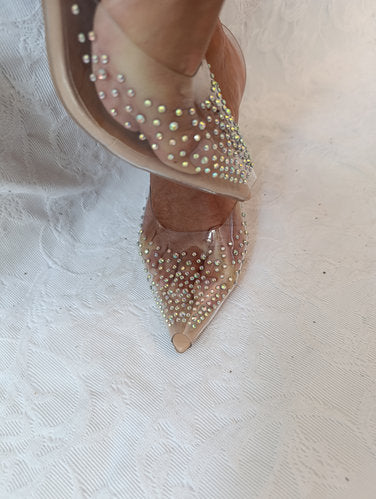 Getragene offene High Heels Damensandale Größe 38 transparent Absatz 9 cm