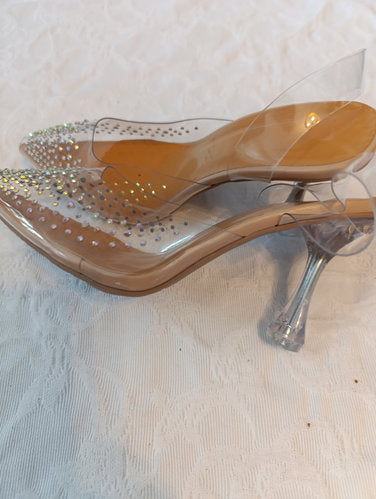 Getragene offene High Heels Damensandale Größe 38 transparent Absatz 9 cm