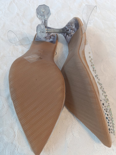 Getragene offene High Heels Damensandale Größe 38 transparent Absatz 9 cm