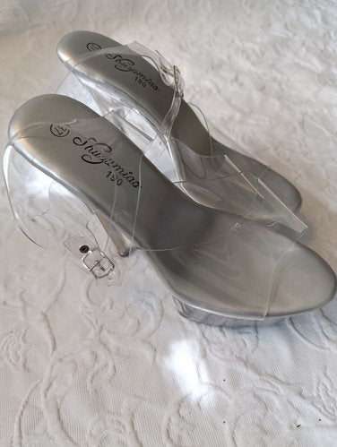 Getragene High Heels  transparent  Plateau  Größe 37  11 cm Absatz  Plateau 5 cm